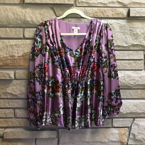 Sundance Floral 100% Silk Blouse stop Medium Amethyst Purple cottagecore - Picture 7 of 9